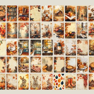 May include: A grid of watercolour illustrations with an autumnal theme. The images depict fall foliage, animals, food, and cosy scenes. Colours include warm oranges, reds, and browns, evoking a sense of seasonal warmth and comfort. The illustrations are arranged in a grid.