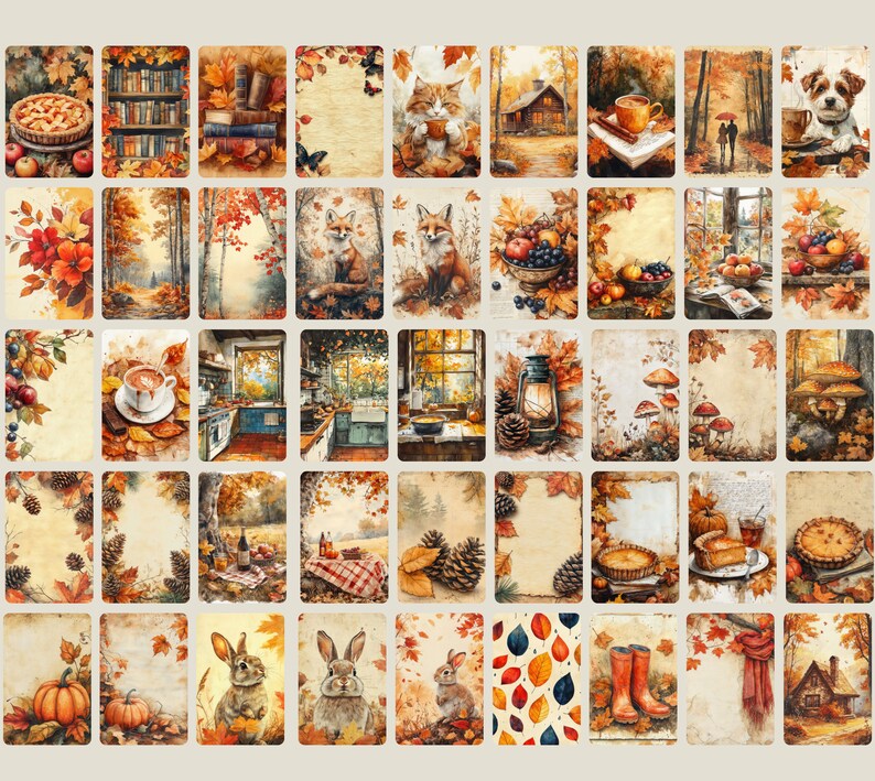 May include: A grid of watercolour illustrations with an autumnal theme. The images depict fall foliage, animals, food, and cosy scenes. Colours include warm oranges, reds, and browns, evoking a sense of seasonal warmth and comfort. The illustrations are arranged in a grid.