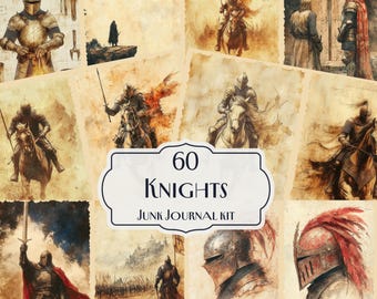 60 Knights Junk Journal Kit, Medieval Warrior digital papers, Printable Knight Ephemera, Castle Scrapbook Pages, Gothic Fantasy Collage