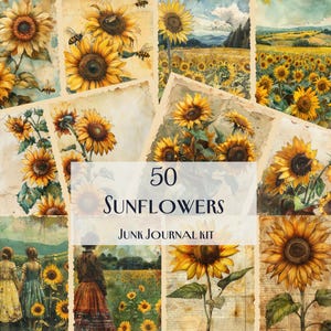 Sunflowers Junk Journal Kit, 50 heldere digitale papieren, vintage bloemen ephemera, afdrukbare scrapbooking kit, rustiek zomerdecor