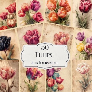 50 Tulips Junk Journal Kit, Spring Flower Printables, Botanical Ephemera, Floral Collage Sheets, Garden Scrapbook Paper