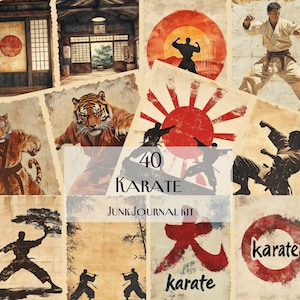 Kit de diario basura de karate, papeles digitales de artes marciales japonesas vintage, material efímero para álbumes de recortes imprimible, arte de karate con tigre, decoración de karate