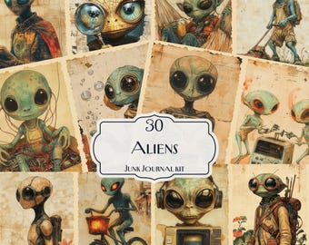 Aliens Junk Journal Kit, 30 Printable Space Ephemera Pages, Vintage Sci Fi Scrapbook Paper, Extraterrestrial Collage Sheets