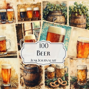 Kit di diario di 100 Beer Junk, effimeri di birra, carte digitali per boccali e barili di birra, pagine di album di ritagli di birra rustica, progetti digitali di birra artigianale