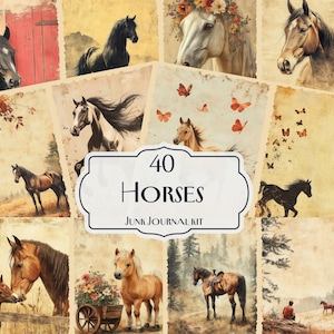40 Horses Junk Journal Kit, Printable Horse Ephemera Pages, Rustic Western Scrapbook Paper, Farm Animal Collage Sheets, Country Horse Art