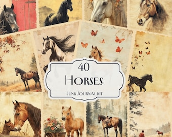 Könnte beinhalten: Eine Collage von Bildern im Vintage-Stil mit Pferden. Die Bilder zeigen verschiedene Pferderassen in unterschiedlichen Umgebungen, mit Schmetterlingen und floralen Details. Der Text "40 Horses Junk Journal Kit" wird in einem dekorativen Rahmen angezeigt.