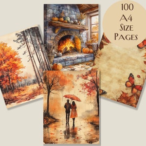 May include: Four A4-sized pages featuring watercolour illustrations of autumn scenes. The images include a forest, a fireplace with pumpkins, a couple under an umbrella, and a page with butterflies and leaves. The text "100 A4 SIZE PAGES" is displayed.