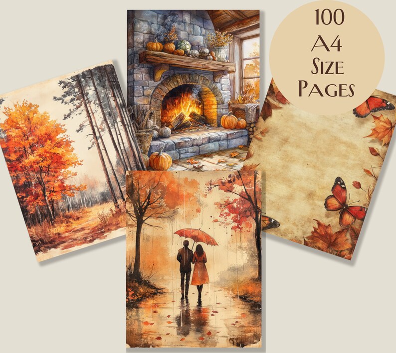 May include: Four A4-sized pages featuring watercolour illustrations of autumn scenes. The images include a forest, a fireplace with pumpkins, a couple under an umbrella, and a page with butterflies and leaves. The text "100 A4 SIZE PAGES" is displayed.