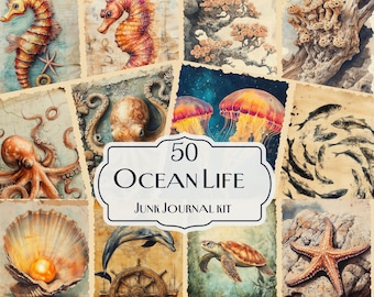 50 Ocean Life Junk Journal Kit, Marine Creature Printables, Nautical Ephemera, Sea junk journal, Underwater Scrapbook Paper