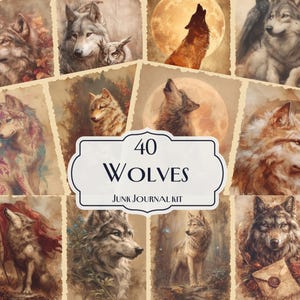 Kit de 40 carnets ordures loups, impressions canines majestueuses, éphémères d'animaux sauvages, feuilles de collage nature sauvage, papier de scrapbooking nature