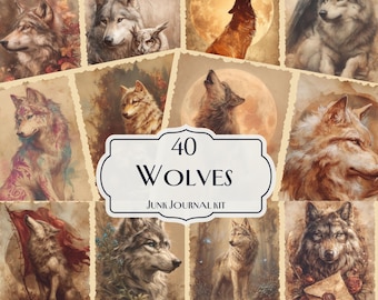 40 Wolves Junk Journal Kit, Majestic Canine Printables, Wild Animal Ephemera, Wilderness Collage Sheets, Nature Scrapbook Paper