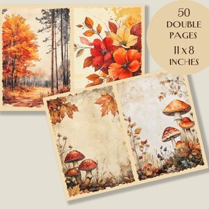 May include: Watercolor art journal with autumn-themed illustrations. The journal features images of a forest, flowers, and mushrooms. The journal has 50 double pages and measures 28 x 20 cm.