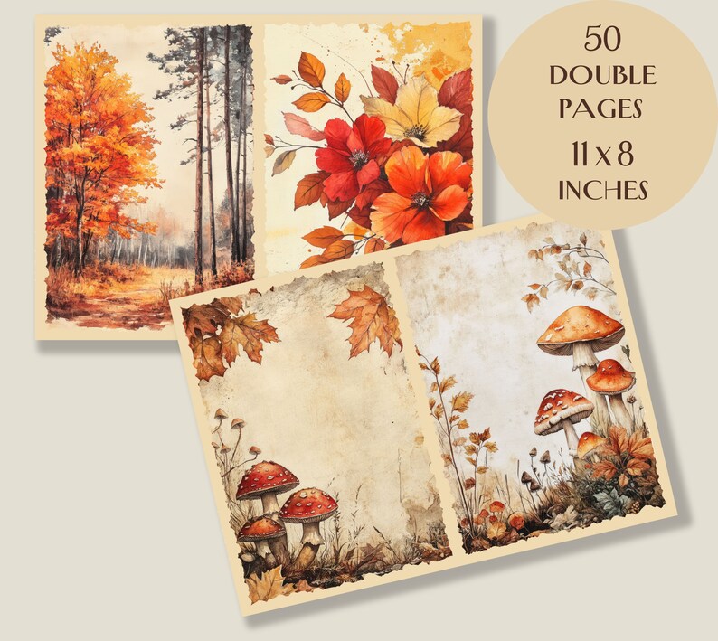 May include: Watercolor art journal with autumn-themed illustrations. The journal features images of a forest, flowers, and mushrooms. The journal has 50 double pages and measures 28 x 20 cm.