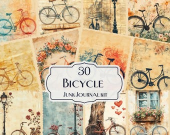 Kit de diario basura de bicicletas, 30 papeles digitales de bicicletas, efímeras de bicicletas antiguas, kit de álbumes de recortes imprimibles, decoración floral rústica