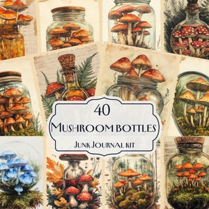 Kit de 40 bouteilles champignon indésirable, imprimés Fairycore, éphémères botaniques vintage, journal indésirable Cottagecore, pages de scrapbooking fantastiques