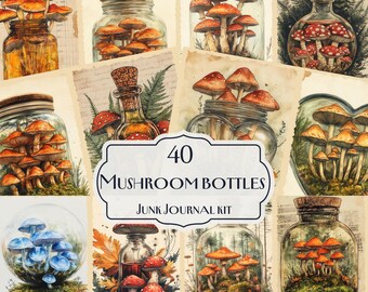 May include: A digital collage sheet with 40 images of mushroom illustrations inside glass bottles. The images are in various colors and styles, including red, brown, white, and yellow mushrooms. The text "40 Mushroom Bottles Junk Journal Kit" is at the bottom of the collage.