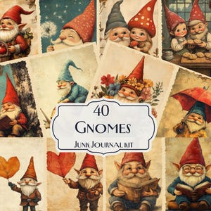 40 Gnomes Junk Journal Kit, Whimsical Cottagecore Ephemera, Cute Gnome Art Printables, Woodland Scrapbook Pages, Fantasy Digital Designs