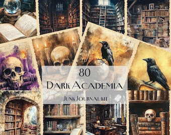 80 Dark Academia Junk Journal Kit, Vintage Gothic Library, Skulls & Raven Art, Antique Books, Candlelight Scrapbook Pages