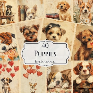 40 Puppies Junk Journal Kit, Printable Dog Ephemera Pages, Cute Puppy Scrapbook Paper, Vintage Pet Collage Sheets, Adorable Dog Lover