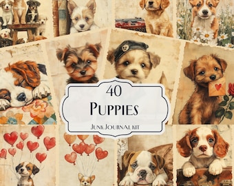 40 Puppies Junk Journal Kit, Printable Dog Ephemera Pages, Cute Puppy Scrapbook Paper, Vintage Pet Collage Sheets, Adorable Dog Lover