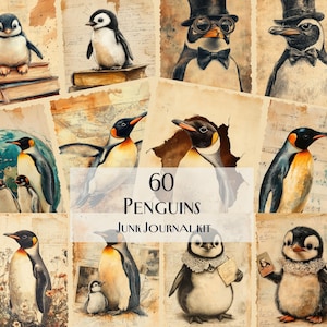 Kit de diario basura con 60 pingüinos, papeles digitales vintage con pingüinos, adorables efímeras del Ártico, kit de álbumes de recortes imprimibles, decoración de vida salvaje invernal