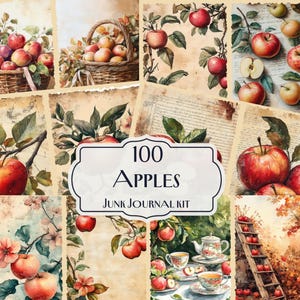 100 Apples Junk Journal Kit, Vintage Orchard digital papers, Botanical Apple Art Printables, Rustic Fall Scrapbook Pages