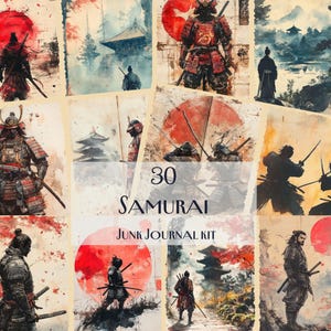30 Samurai Junk Journal Kit, Vintage Japanese Warrior Art, Samurai Printables, Feudal Japan Scrapbook Pages, Digital Red Sun Designs