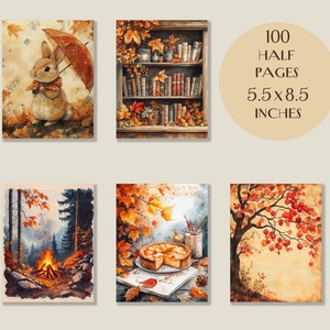May include: A set of watercolour illustrations with an autumnal theme. The images feature a rabbit with an umbrella, a bookshelf, a campfire, a pie, and a tree. The text reads "100 Half Pages 5.5 x 8.5 Inches" (approx. 14 x 22 cm).