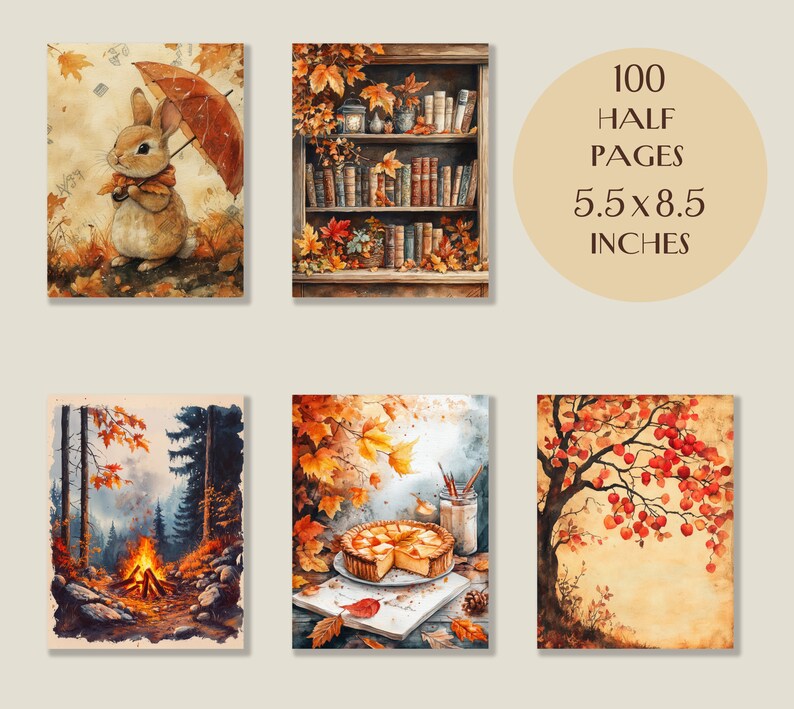 May include: A set of watercolour illustrations with an autumnal theme. The images feature a rabbit with an umbrella, a bookshelf, a campfire, a pie, and a tree. The text reads "100 Half Pages 5.5 x 8.5 Inches" (approx. 14 x 22 cm).