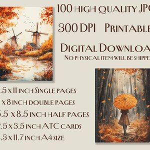 May include: Digital download of two watercolour scenes. One shows windmills by a lake, the other a person with an orange umbrella in a forest. Text includes: 100 High Quality JPG, 300 DPI Printable, Digital Download, and size options including A4.