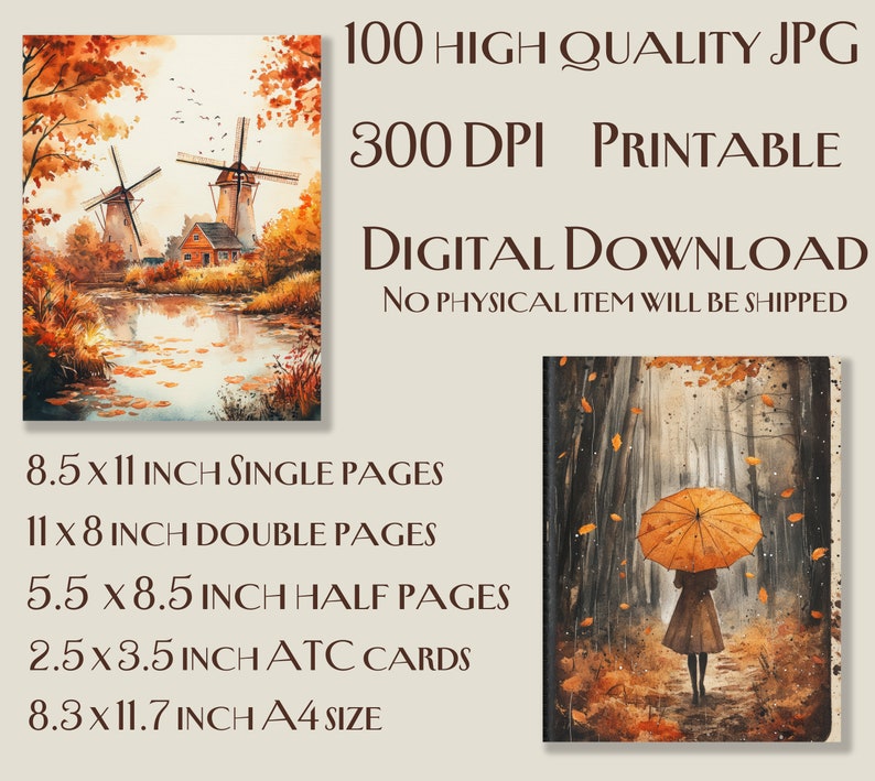 May include: Digital download of two watercolour scenes. One shows windmills by a lake, the other a person with an orange umbrella in a forest. Text includes: 100 High Quality JPG, 300 DPI Printable, Digital Download, and size options including A4.