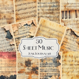 30 vintage bladmuziek junk journal kit, antieke muziek ephemera voor scrapbooking, retro muzieknoten en pianopagina's, digitale collagebladen