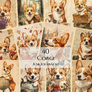 Corgis Junk Journal Kit, Liebenswerte digitale Papiere, Vintage Hund Ephemera, bedruckbares Scrapbook Kit, wunderliches Corgis Dekor