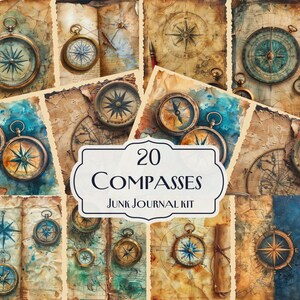 Op de afbeelding: Een digitale collage-sheet met 20 vintage kompasafbeeldingen in verschillende stijlen en kleuren. De sheet is getiteld "20 Compasses Junk Journal Kit".
