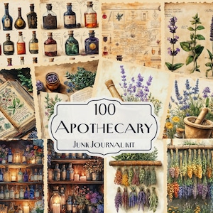 Kit de 100 carnets de voyage pour apothicaires, plantes médicinales vintage, art botanique d'apothicaire, bouteilles de potion antiques, pages de scrapbooking herboristerie à télécharger
