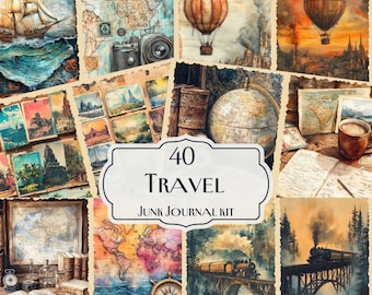 40 travel junk journal kit, vintage travel junk journal, Vintage Map Ephemera, Adventure Scrapbook Printables, Retro Travel Art Pages