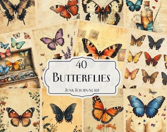 40 Butterflies Junk Journal Kit, Printable Butterfly Ephemera Pages, Vintage Nature Scrapbook Paper, Botanical Collage Sheets, Insect Art