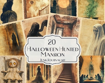 Kit da 20 diari di Halloween con tema "Haunted Mansion", pagine stampabili di effimeri spettrali, carta per scrapbooking vintage inquietante, fogli per collage di fantasmi gotici