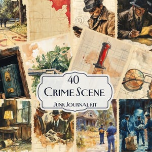 May include: A set of 40 crime scene themed junk journal kit papers. The papers feature various illustrations, including a safe, a knife, a pair of glasses, a house, and people in various scenes. The papers are perfect for adding a vintage, mysterious, and intriguing touch to your junk journals.