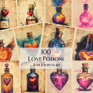 Kit de 100 carnets de voyage potions d'amour éphémères de potions magiques, oeuvre d'art de bouteille en forme de coeur, pages de scrapbooking fantaisistes, dessins d'amour numériques fantastiques