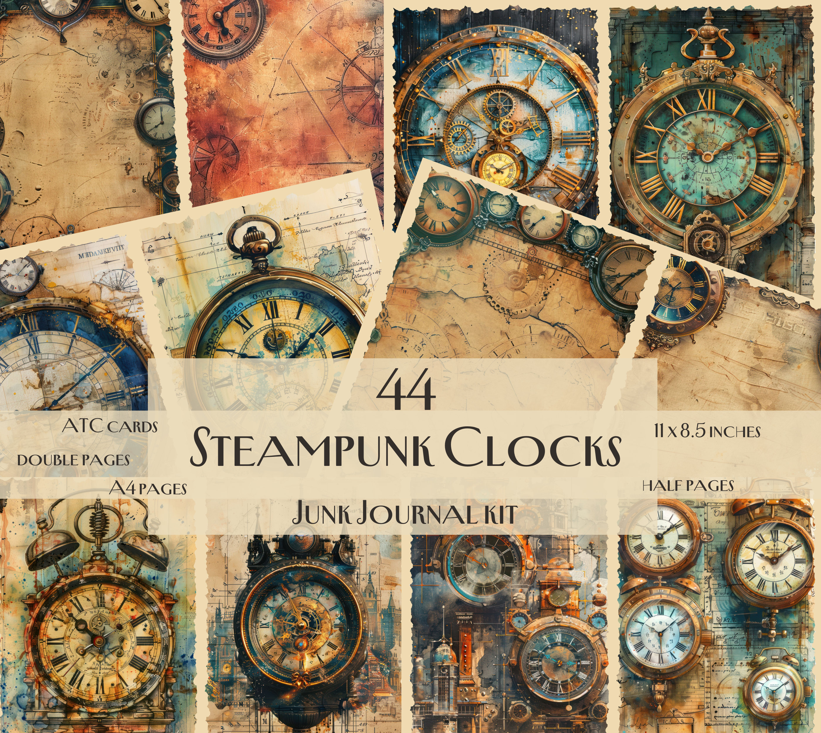 Steampunk Clocks Junk Journal Kit, Steampunk Clock Paper Pack ...