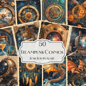 Könnte beinhalten: Ein Set mit 50 digitalen Collage-Blättern mit Steampunk- und Kosmos-Motiven. Die Bilder zeigen Uhren, Zahnräder, Sterne, Planeten und andere himmlische Elemente. Der Text "50 Steampunk Cosmos Junk Journal Kit" ist auf einem weißen Banner abgebildet.