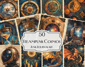 Steampunk Cosmos Junk Journal Kit - 50 Mystical Digital Papers, Vintage Clockwork Galaxy Ephemera, Printable Scrapbooking Kit, Sci-Fi Decor