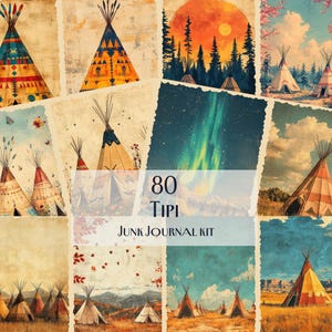 May include: A set of 80 digital printable images featuring colorful, vintage-style illustrations of tipis. The images are perfect for scrapbooking, junk journaling, card making, and other craft projects.
