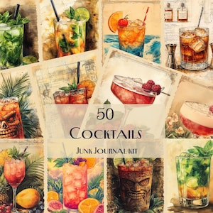 Kit diario di 50 cocktail spazzatura, effimeri drink, illustrazioni di cocktail retrò, stampe artistiche di bar classici e tiki, pagine di album da scaricare