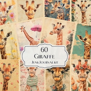 60 Kit diario di cianfrusaglie di giraffa, effimeri di giraffa, stampe di giraffa vintage, pagine di album di ritagli di animali selvatici, carte digitali di giraffa carine,