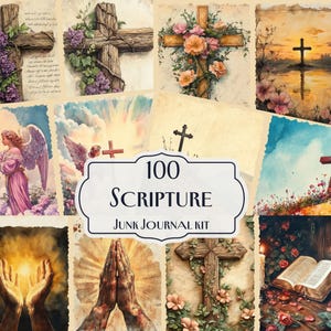 May include: A collection of vintage-style images featuring crosses, angels, and open books. The images are adorned with flowers and scripture, with the text "100 Scripture Junk Journal Kit" displayed prominently.