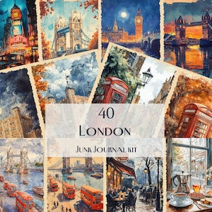40 London Junk Journal Kit, Vintage Cityscape, Big Ben & Red Bus Art, Tower Bridge Printables, British Travel Scrapbook, Pages Download