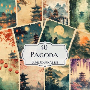 Kit de diário de lixo de pagode, papéis digitais serenos de inspiração asiática, itens efêmeros de pagode japonês, kit de scrapbook para impressão, papéis digitais de pagode