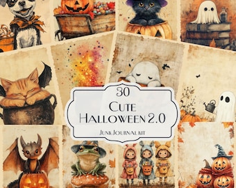 30 niedliches Halloween 2.0, druckbare, gruselige, süße Ephemera Seiten, wunderliches Halloween Scrapbook Papier, entzückende Geister & Kürbisse